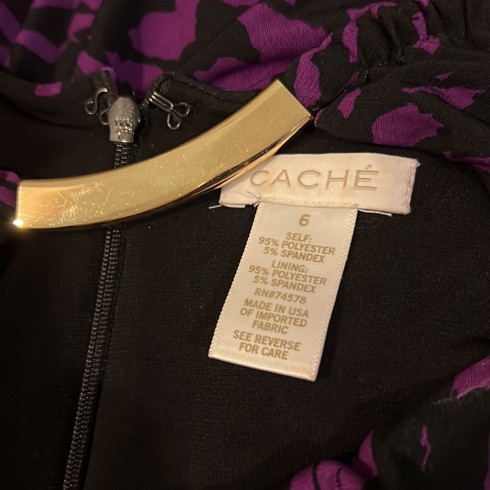 Caché Purple and Black Ruched Bodycon Long Sleeved Dress Size 6 Gold Neckline - Picture 10 of 10